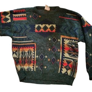 Vintage Peter Jon Sweater Mens XL Green Aztec Southwestern 80s Acrylic Pullover